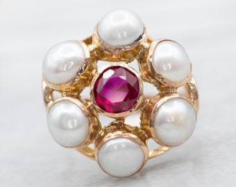 Yellow Gold Synthetic Ruby and Freshwater Button Pearls Flower Ring, Synthetic Ruby and Pearl Ring, Yellow Gold Ring, Gold Ring, Ring A32743