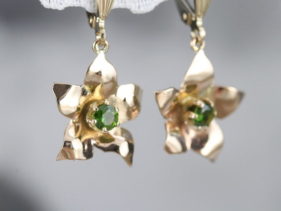 Demantoid Garnet Flower Drop Earrings, Yellow Gol… - image 5