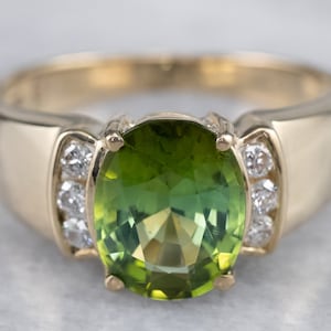 Unisex Green Tourmaline and Diamond Ring, Gold Tourmaline Ring, Green Stone Ring, Birthstone Ring, Anniversary Gift, Birthday Gift A2811