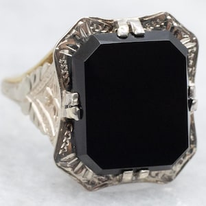 Art Deco Black Onyx Ring, Filigree Ring, Antique Onyx Ring, Black Stone Ring, 14K White Gold Onyx Ring, Antique Cabochon Ring A59292