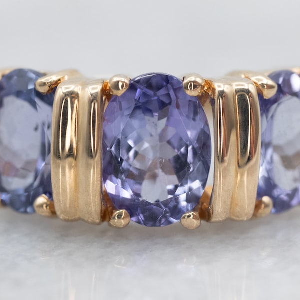 Three Stone Tanzanite Ring, Tanzanite Stacking Band, Yellow Gold Tanzanite Ring, Anniversary Gift, Tanzanite Jewelry, Gifts for Her A24838