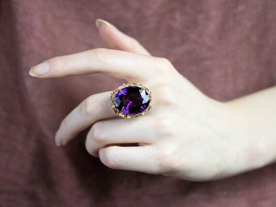 18K Gold Amethyst Cocktail Ring, Botanical Statem… - image 10
