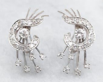 Vintage 10K White Gold Diamond Earrings, Retro Era Statement Jewelry