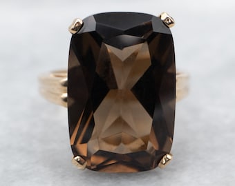 10K Gold Smoky Quartz Cocktail Ring, Large Cushion Cut Gemstone