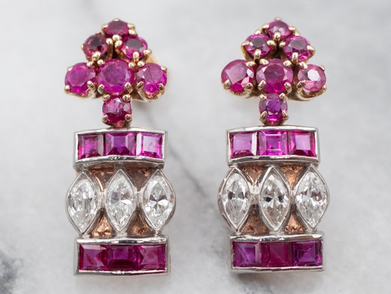 14K Gold Ruby Diamond Earrings, Two Tone Dangle E… - image 2