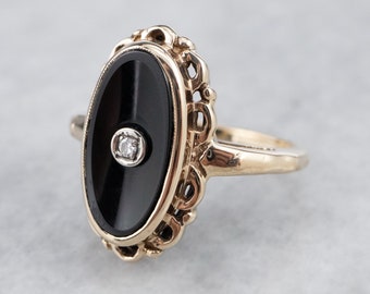 Mid Century Black Onyx and Diamond Ring, Ladies Black Onyx Ring, Yellow Gold Onyx Ring, Right Hand Ring, Onyx Cabochon Ring JE3Y0MLK