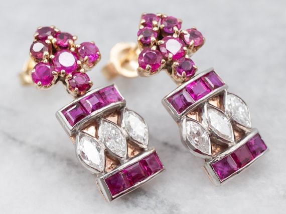 14K Gold Ruby Diamond Earrings, Two Tone Dangle E… - image 1