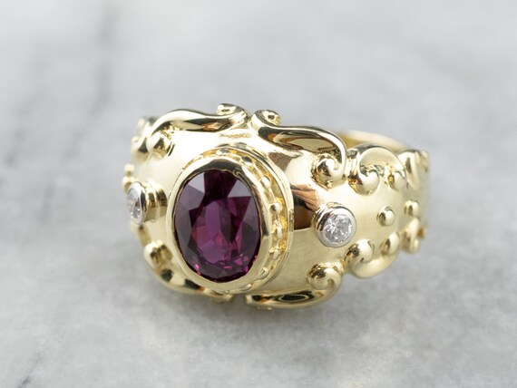 14K Yellow Gold Three Stone Ruby Diamond Ring, Si… - image 3