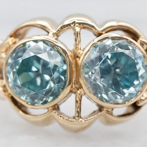 Yellow Gold Blue Zircon Two Stone Ring, Yellow Gold, December Birthstone, Blue Stone Ring, Zircon Statement Ring, Zircon Ring, A26221