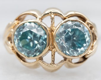 10K Yellow Gold Two Stone Blue Zircon Statement Ring