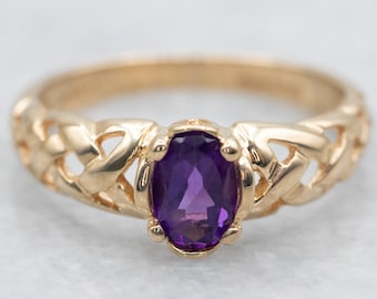Woven Gold Amethyst Ring, Yellow Gold Amethyst Ring, Amethyst Solitaire Ring, Amethyst Jewelry, Birthstone Ring, Gifts for Her A36489