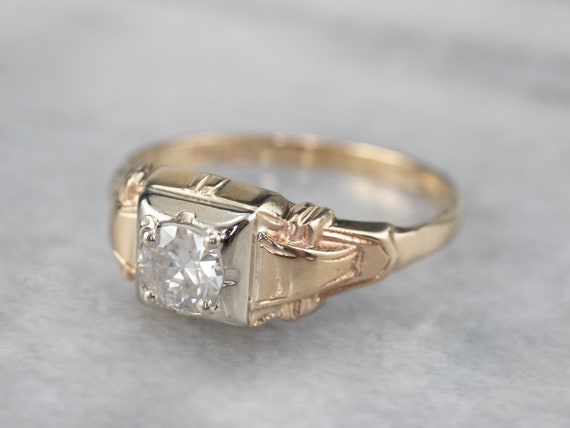 Retro Diamond Solitaire Ring, 10K Two Tone Gold E… - image 3