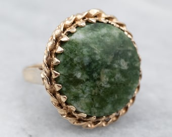 Yellow Gold Nephrite Jade Cocktail Ring, Vintage Ring, Estate Jewelry, Gift For Her, Twisting Metalwork, A24515