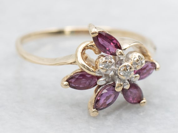 Vintage Floral 10K Gold Ruby and Diamond Ring, Si… - image 2