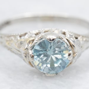 Art Deco Blue Zircon Solitaire Ring, White Gold Zircon Ring, Birthstone Ring, Right Hand Ring, December Birthstone, Zircon Jewelry A61048