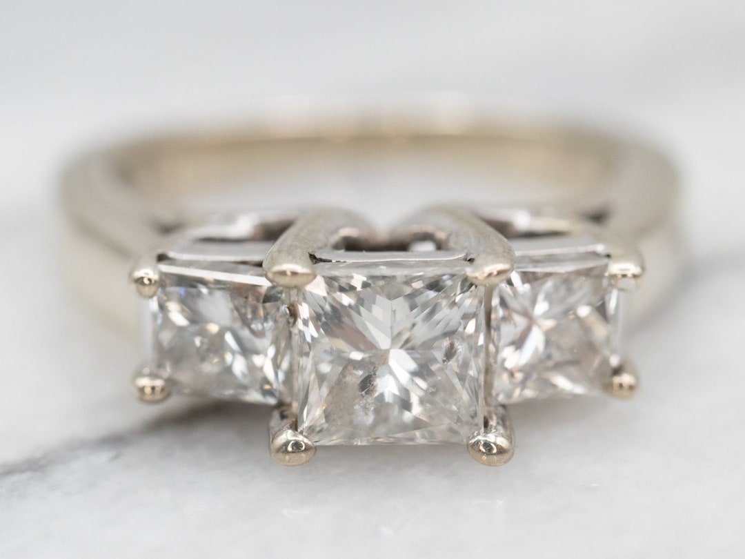 14K White Gold Three Stone Princess Cut Diamond Engagement Ring - Etsy