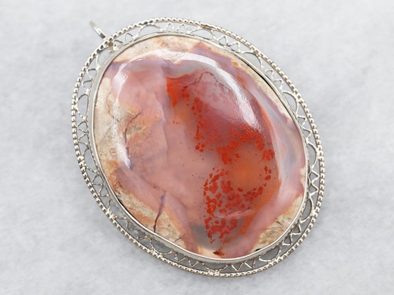 White Gold Agate Brooch or Pendant with Filigree … - image 1