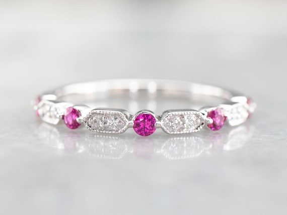 14K White Gold Ruby and Diamond Stacking Band - image 1