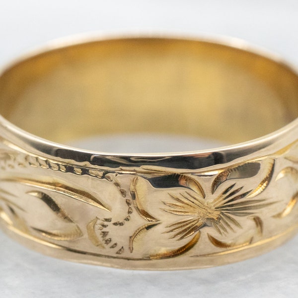 Vintage Etched Yellow Gold Band, Botanical Pattern Band, Unisex Pattern Band, Wide Gold Band, Stacking Band, Floral Band A37306