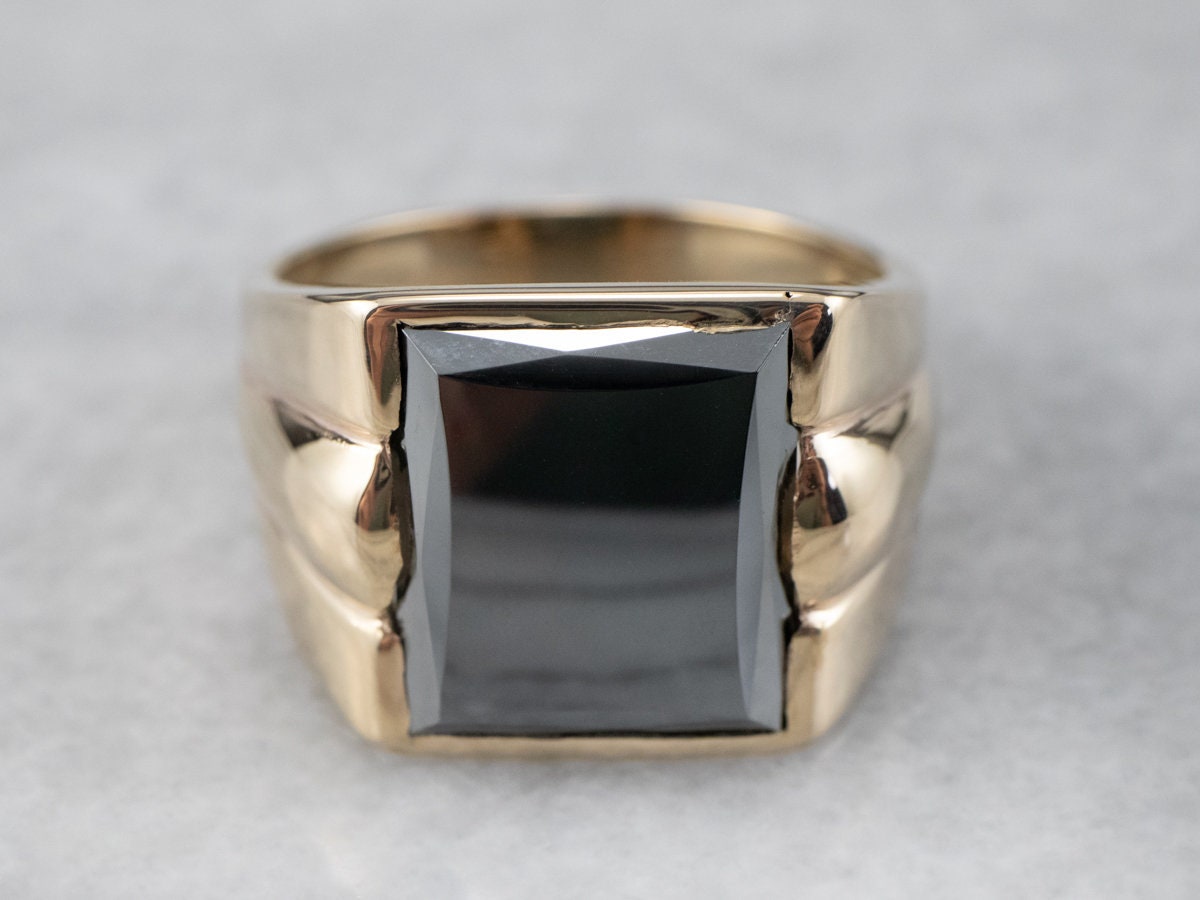 Project comte ロザリオ Men's Hematite Statement Ring, Grey Stone Ring, Yellow Gold