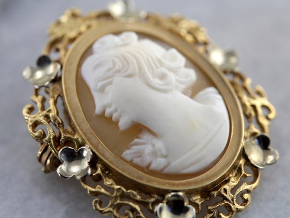 Vintage 18K Gold Cameo Brooch, Floral Frame, 1940s Shell Portrait