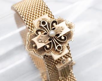 Victorian Seed Pearl 14K Rose Gold Mesh Bracelet, Antique Slide Bangle