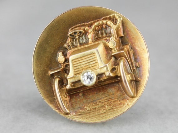 Vintage Car Brooch, Yellow Gold and Diamond Brooc… - image 1