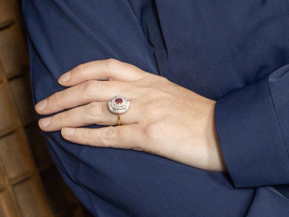 14K Gold Ruby Diamond Halo Ring, Cocktail Jewelry - image 4