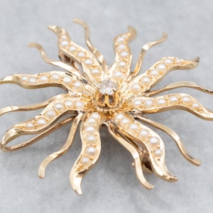 Antique Old Mine Cut Diamond and Seed Pearl Brooch, Victorian Starburst Brooch or Pendant, Estate Jewelry, Anniversary Gift A9244