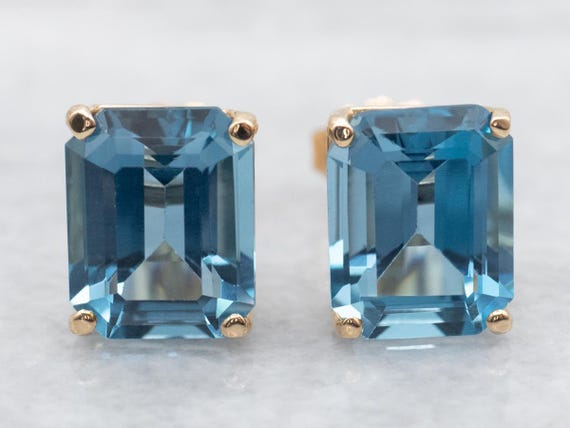 エメラルドカット ブルートパーズ 14K イエローゴールド スタッド 
