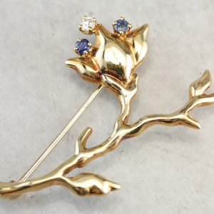 Vintage Tiffany and Company Flower Brooch, Sapphire and Diamond Brooch, Yellow Gold Brooch, Bridal Jewelry 6KV9ZJV8 image 1
