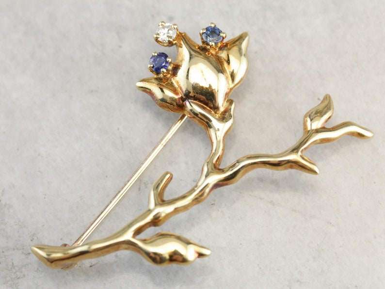 Vintage Tiffany and Company Flower Brooch, Sapphire and Diamond Brooch, Yellow Gold Brooch, Bridal Jewelry 6KV9ZJV8 image 1