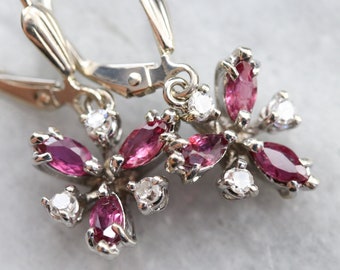 Ruby Diamond White Gold Drop Earrings, Ruby Cluster Earrings, July Birthstone, Anniversary Gift, Bridal Earrings, FAQ9P6JP