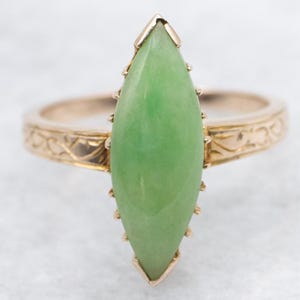 Yellow Gold Marquise Cut Jadeite Solitaire Ring, Yellow Gold Jadeite Solitaire Ring, Yellow Gold Jadeite Ring, Gold Jadeite Ring A26489
