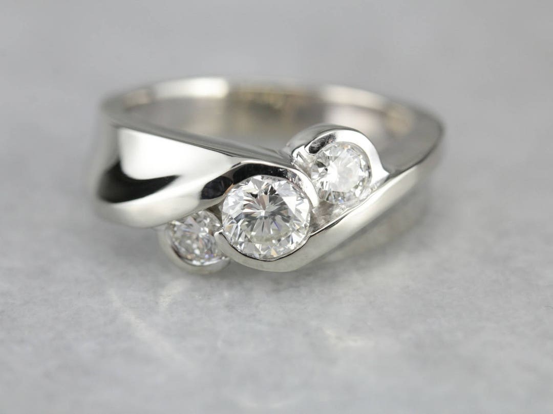 Modern Three Diamond Ring, Diamond Anniversary, White Gold Engagement