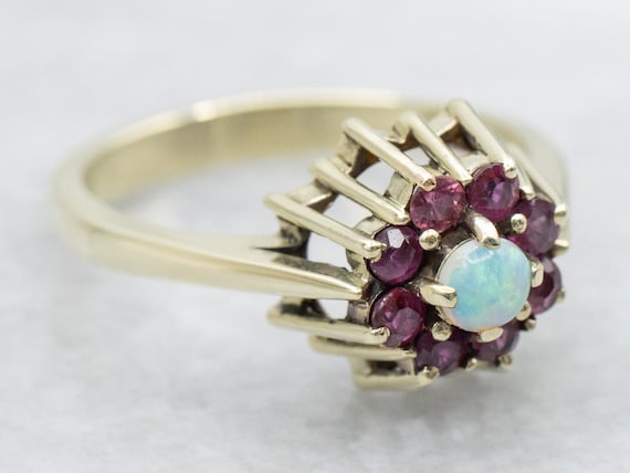 Opal Ruby Halo 14K Yellow Gold Ring, Size 6.25 - image 1