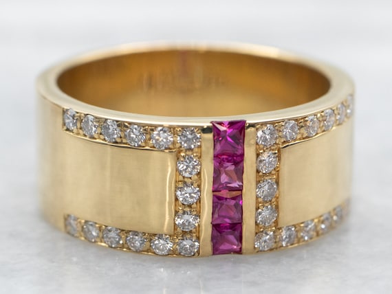Yellow Gold Ruby and Diamond Wide Band, Yellow Go… - image 2