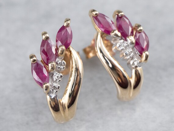 Marquise Ruby and Diamond Earrings, Yellow Gold S… - image 3