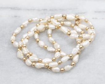 Long Freshwater Pearl and Beaded Gold Necklace