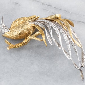 Diamond Gold Platinum Bird Brooch, Tropical Bird Brooch, Fancy Bird Pin, Statement Brooch, Vintage Brooch, YL79402Z