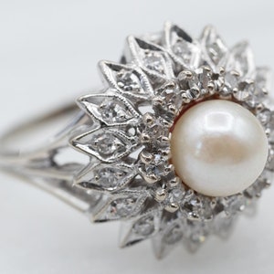 White Pearl Diamond Cluster Ring, White Gold Pearl Ring, Pearl Halo Ring, Pearl Cocktail Ring, Anniversary Gift, Pearl Jewelry A13711 image 1