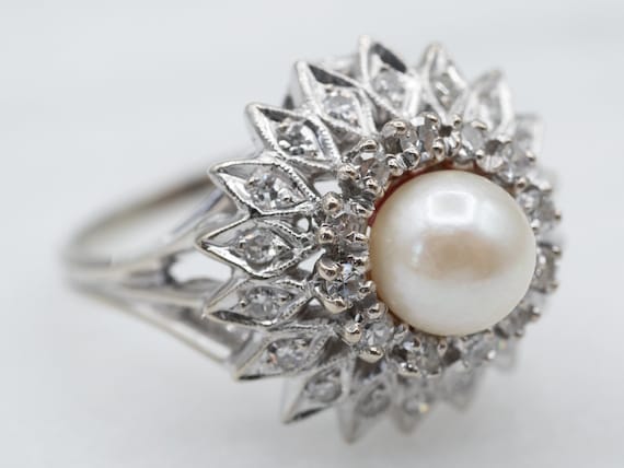 White Pearl Diamond Cluster Ring, White Gold Pear… - image 1