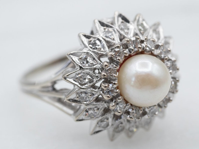 White Pearl Diamond Cluster Ring, White Gold Pearl Ring, Pearl Halo Ring, Pearl Cocktail Ring, Anniversary Gift, Pearl Jewelry A13711 image 1