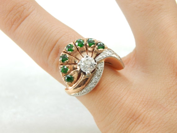 Retro 1940's Flair Rose Gold Diamonds and Green G… - image 4