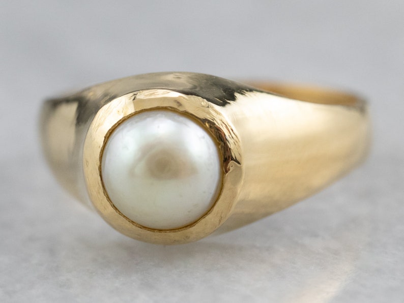 Pearl Gold Solitaire Ring Bezel Set Pearl Ring June Etsy