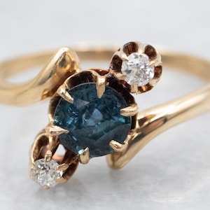 Sapphire and Old Mine Cut Diamond Bypass Ring, Gold Sapphire Ring, Antique Bypass Ring, Antique Three Stone Ring, Sapphire Ring A23828