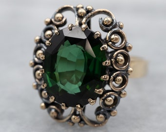 Vintage Green Tourmaline Ring, 10K Yellow Gold Filigree