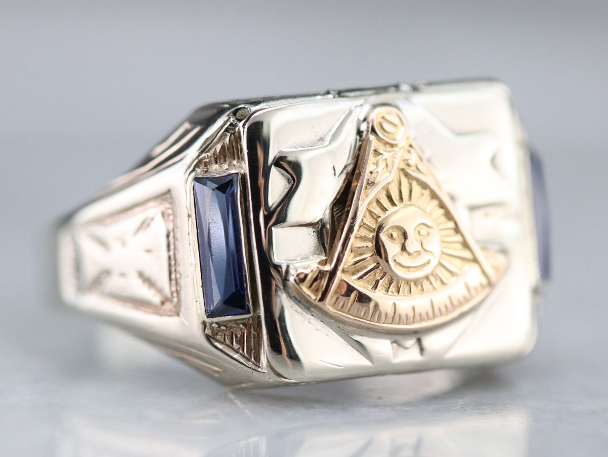 Art Deco Masonic Ring With Sapphire Accents Skull Crossbones