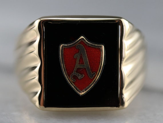Onyx and Enamel "A" Initial Ring, Yellow Gold Sta… - image 2