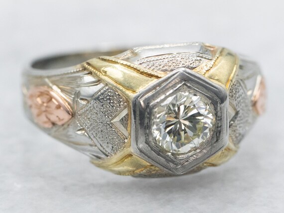 Early Retro Era Diamond Ring, Tri-Color Gold Diam… - image 1